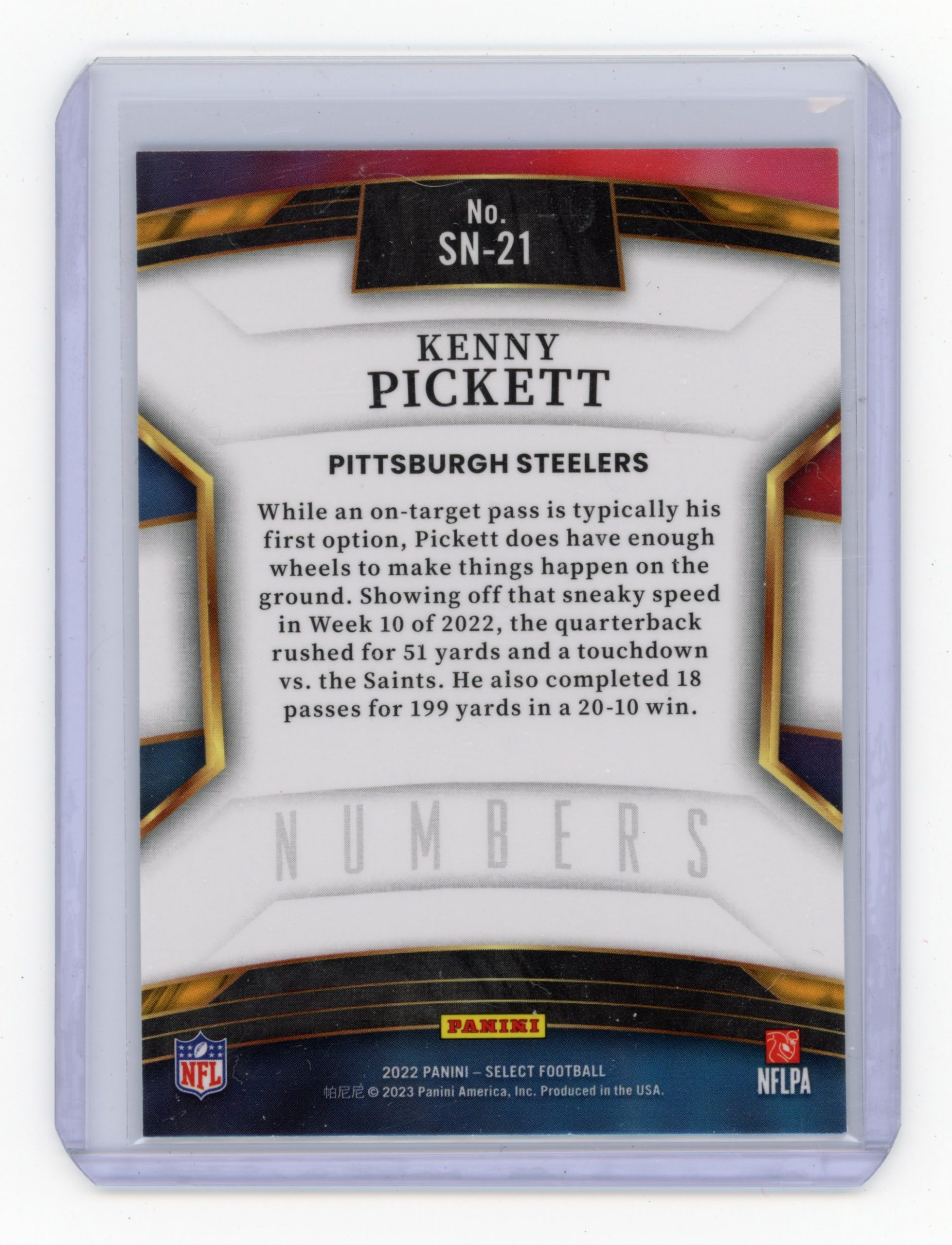 2022 Select Kenny Pickett Numbers Insert Indy Card Stock